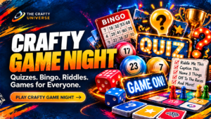Crafty Game Night artwork with bingo, quizzes and game pieces
