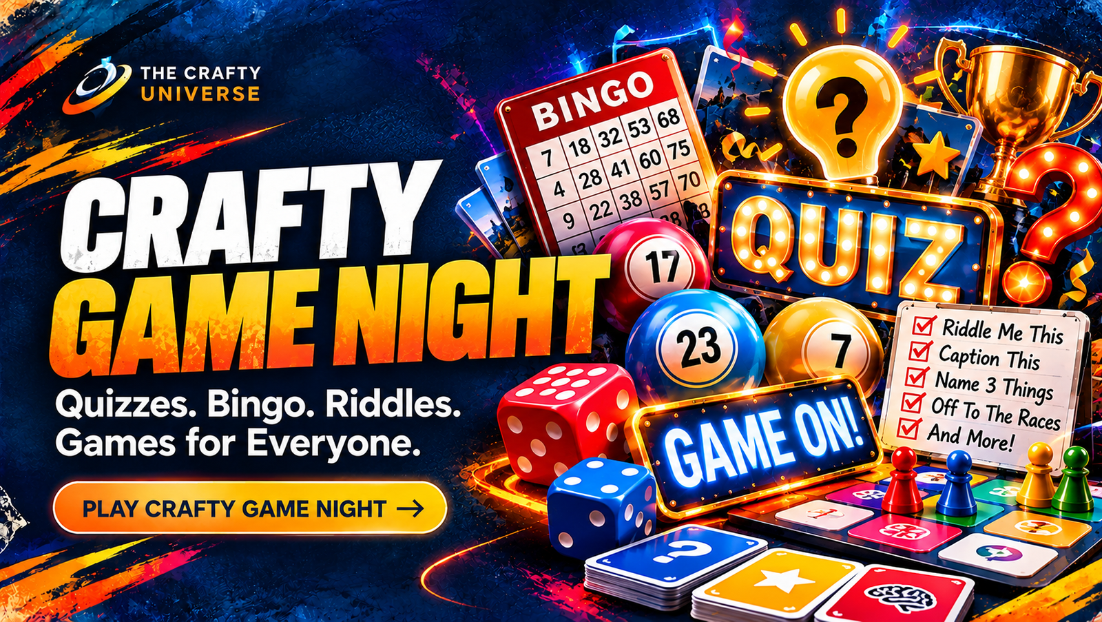 Crafty Game Night artwork with bingo, quizzes and game pieces
